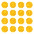 Set of golden coins most used currency symbols icon