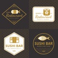 Set of golden color Japanese food logo, badges, banners, emblem for asian food restaurant with Japanese pattern. Royalty Free Stock Photo