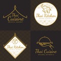 Set of golden color Thai food logo, badges, banners, emblem for asian food restaurant with thai pattern.