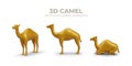 Set of golden 3D camels in different poses. Animal is standing, lying down with its legs bent