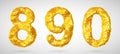 Set of golden 3D numbers eight, nine, zero Royalty Free Stock Photo