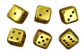 Set of 6 golden dice cubes isolated in white background. 3D rendering. Board game. Lucky number Royalty Free Stock Photo