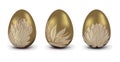 Set of golden Easter eggs. Vector realistic eggs decorated with golden outline of tropical flowers. Design elements for Royalty Free Stock Photo