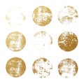 Set of golden foil round textures for logos, labels, branding, frames. Golden glitter leaf foil textured circle stamps. Royalty Free Stock Photo