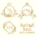 Set of golden framed vintage m and S logo vector. m and S iniatial logo for wedding program