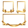 Set of golden frames with ribbons. Collection of gold borders.