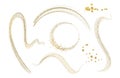 Set golden glitter elements. Arch, curve, circle. Gold foil illustrations isolated on white, have place for text inside