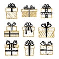 Set of golden glitter gift boxes with black ribbons Royalty Free Stock Photo