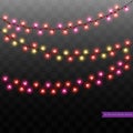 Set of golden glowing garland. Christmas lights red hearts isolated on transparent background. Vector illustration Royalty Free Stock Photo