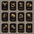 Golden grunge zodiac signs on a black cards for astrology or horoscopes