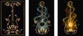 Set of golden guitar designs on dark background with wavy smoke and glowing stars for invitation card, poster or booklet