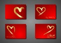 Set golden Hearts vector, hand drawn icon gold brush stroke style. Trendy heart isolated on red background. Useful for web site Royalty Free Stock Photo