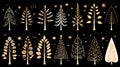 Set of golden icons of winter tree silhouettes of pine, spruce, fir, and Christmas tree isolated on a black background. Royalty Free Stock Photo