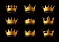 Set of golden  king crowns and icon on black background. Vector Illustration Royalty Free Stock Photo