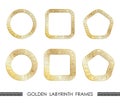 Set of golden LABYRINTH round and square frames for decorative headers. Golden ancient greek ornaments isolated on white