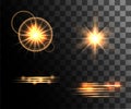 Set of golden light effects glowing light rings with particles decoration isolated on the transparent background website pa