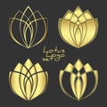 Set of golden lotus symbols in outline, silhouette and combined style. Vector gold floral logos collection of spa, relax Royalty Free Stock Photo