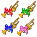 Set of golden pioneer trumpets with colored ribbon bow isolated on white background. Vector cartoon close-up Royalty Free Stock Photo