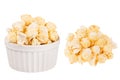 Set of golden popcorn as heap and in ceramics bowl isolated on white background. Royalty Free Stock Photo