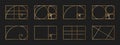 Set of golden ratio templates. Logarithmic spiral in rectangle frame divided on lines, squares and circles. Fibonacci