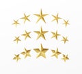 Set of golden realistic stars with different rays isolated on a white background. Vector illustration Royalty Free Stock Photo