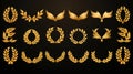 Set of golden ribbons, laurel wreaths of different shapes for winners gold podium 3d realistic luxury leadership award with