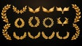 Set of golden ribbons, laurel wreaths of different shapes for winners gold podium 3d realistic luxury leadership award with Royalty Free Stock Photo