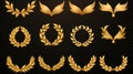 Set of golden ribbons, laurel wreaths of different shapes for winners gold podium 3d realistic luxury leadership award with