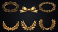 Set of golden ribbons, laurel wreaths of different shapes for winners gold podium 3d realistic luxury leadership award with Royalty Free Stock Photo
