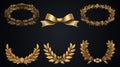 Set of golden ribbons, laurel wreaths of different shapes for winners gold podium 3d realistic luxury leadership award with