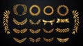 Set of golden ribbons, laurel wreaths of different shapes for winners gold podium 3d realistic luxury leadership award with