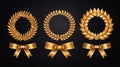 Set of golden ribbons, laurel wreaths of different shapes for winners gold podium 3d realistic luxury leadership award with