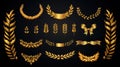 Set of golden ribbons, laurel wreaths of different shapes for winners gold podium 3d realistic luxury leadership award with Royalty Free Stock Photo