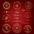 Set of golden romantic frames with roses and dividers with hearts for valentine day - vector decorative design stamps