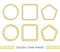 Set of golden round and square chain frames for decorative headers. Gold double weave chain frames isolated on white background.