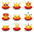 Set golden royal crowns, on red ceremonial pillow with tassels cartoon vector illustrations set isolated on white