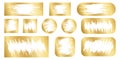 Set of golden scratch card surfaces with scraped textures. Collection of metallic scratchcards, lotto winner, money Royalty Free Stock Photo