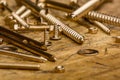 Set of golden screws, bolts, nails, washers, nuts on wooden back Royalty Free Stock Photo