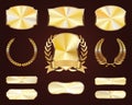 Set of golden shields. Luxury gold labels. Glossy metal badges. Collection of seals, laurel.