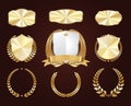 Set of golden shields. Luxury gold labels. Glossy metal badges. Collection of seals, laurel.