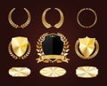 Set of golden shields. Luxury gold labels. Glossy metal badges. Collection of seals, laurel. Vector. Royalty Free Stock Photo