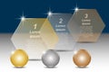 Set of golden, silver and bronze balls and hexagonal transparent banners for text. Infographic template