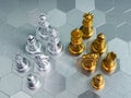 Set of golden and silver chess pieces element, king, queen rook, bishop, knight, pawn standing on hexagon pattern chessboard. Royalty Free Stock Photo