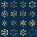Set of golden snowflakes on dark blue background