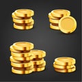 Set of golden stack dollar coins isolated on dark background. Economics concept.
