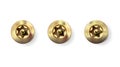 Set golden tamper resistant torx screw, bolt with cylindrical head. Macro shiny cap twisted in surface isolated on white