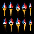 Set of golden torches with a blazing fire in the colors of the flag of France. French flame torch of the champion\'s victory