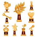 Set of golden trophies and prizes, gold awards statues collection Illustrations