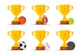 Set golden trophy cup with balls. Winner Cup. Royalty Free Stock Photo