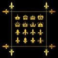 Set of golden vector crowns and fleur de lys black Royalty Free Stock Photo